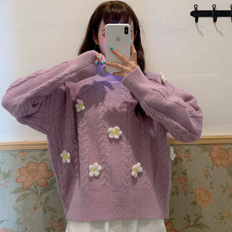 Damen Grobstrickpullover Blumenapplikationen Eveloria