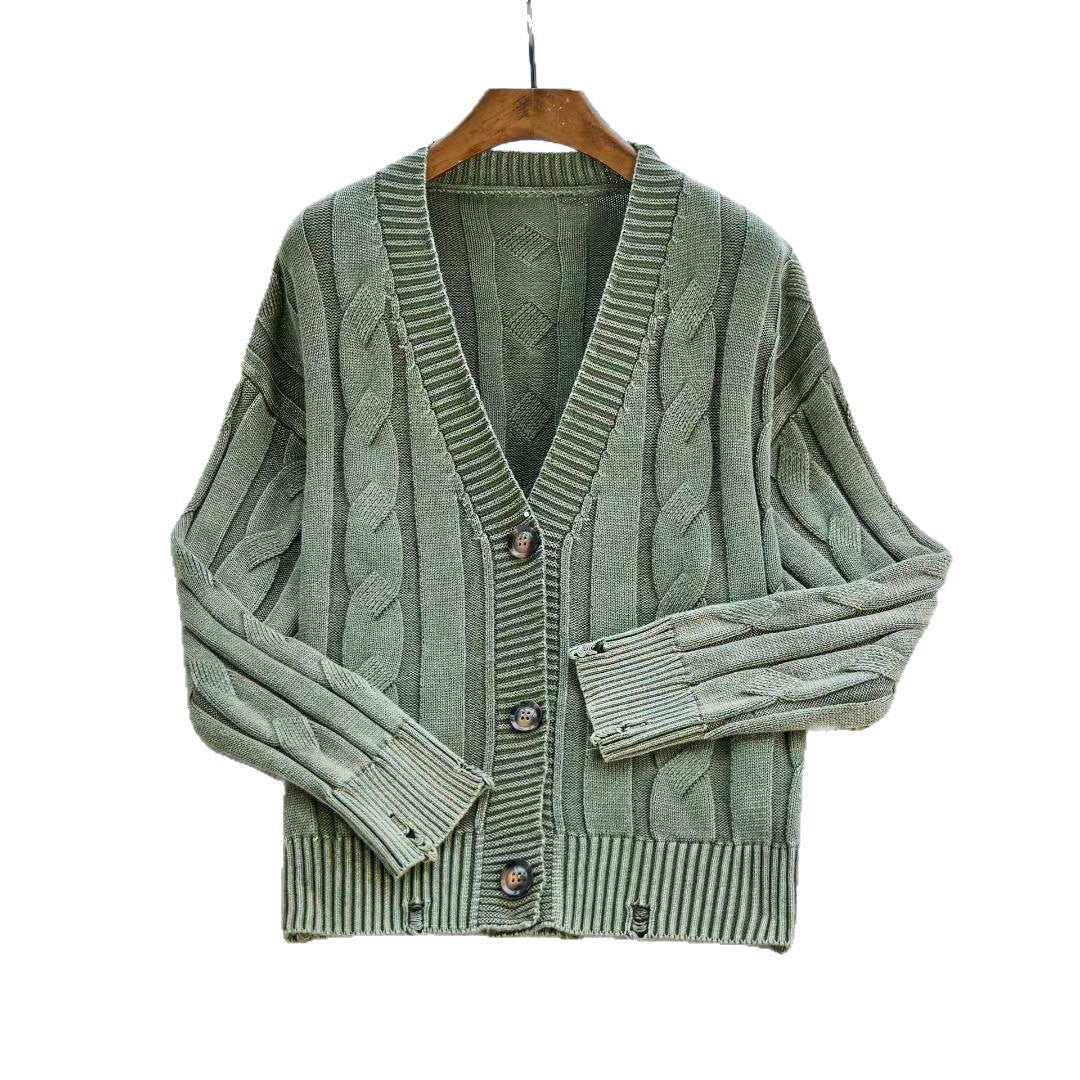 Damen Grobstrickjacke V-Ausschnitt Dekorative Knöpfe