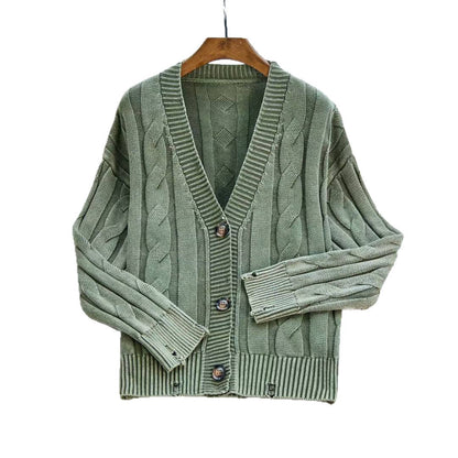 Damen Cardigan Grobstrick V-Ausschnitt Zopfmuster Beige