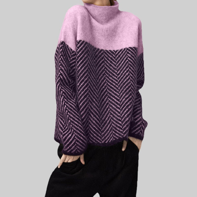 Damen Grobstrickpullover Hochgeschlossener Kragen Chevron Muster