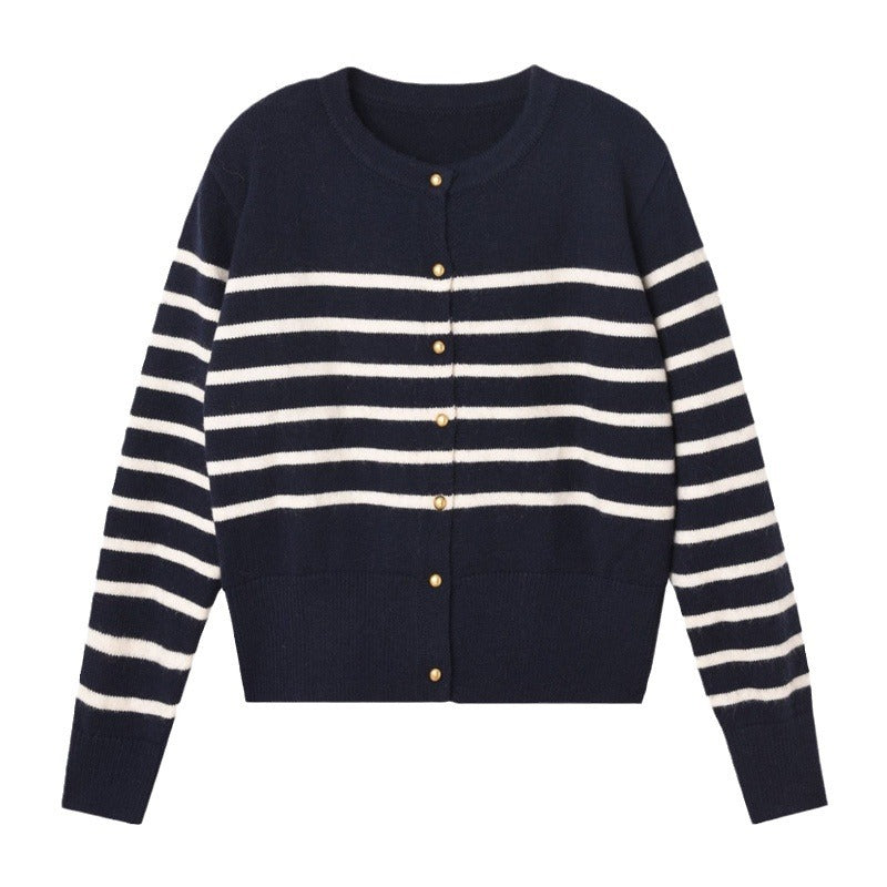Damen Strickjacke Streifenmuster Dekorative Knöpfe Eveloria