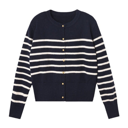 Damen Strickjacke Streifenmuster Dekorative Knöpfe Eveloria