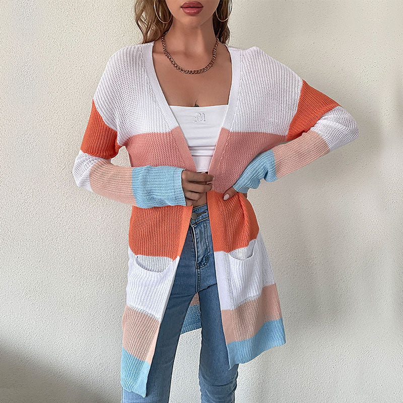 Damen Cardigan Lässig Gestrickt Blockfarben Tiefen Taschen