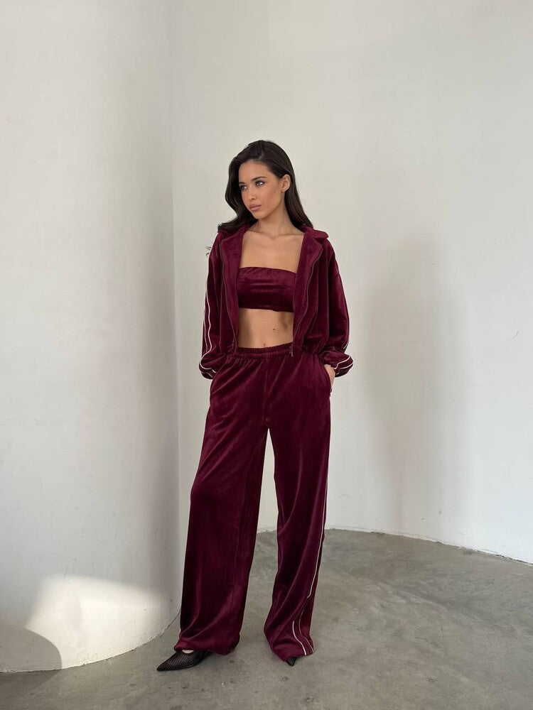 Damen Velours Loungewear Set Cropped Oberteil Weite Hose