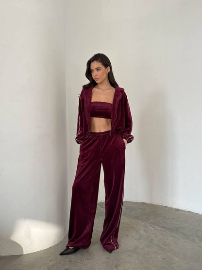 Damen Velours Loungewear Set Cropped Oberteil Weite Hose