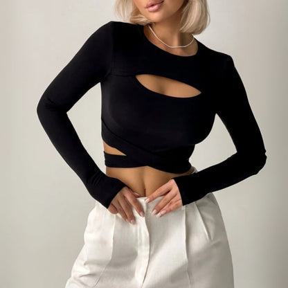Damen Cropped Langarmshirt Elastisch Cut-Out-Design Eveloria