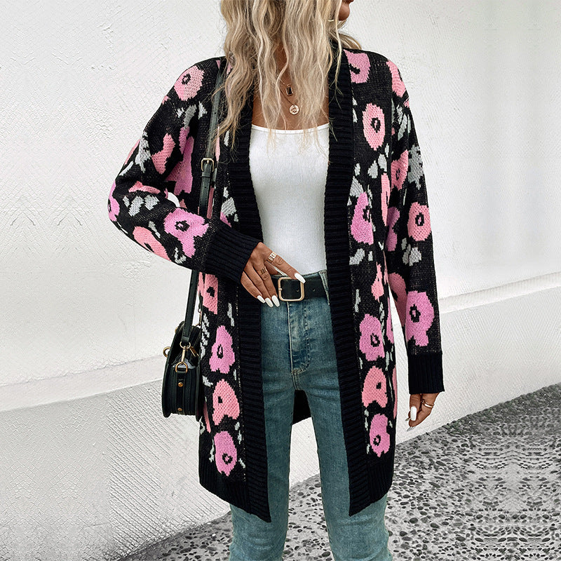 Damen Strickjacke Florales Muster Offener Schnitt