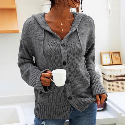 Damen Cardigan Grobstrick Kapuze Knöpfe Beige - Eveloria