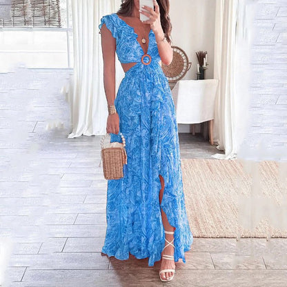 Damen Maxikleid mit hohem Schlitz und Rüschendetails Floral