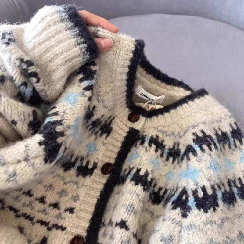 Damen Strickjacke Norwegermuster Hochwertig Blau