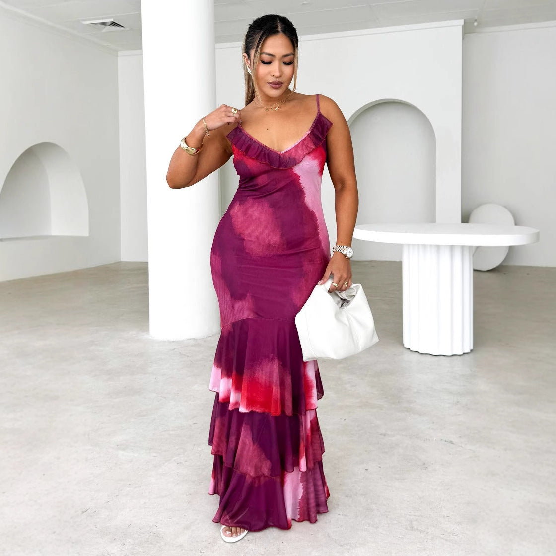 Damen Maxikleid Voluminöser Rock Rüschen Detalle Eveloria
