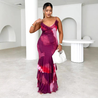 Damen Maxikleid Voluminöser Rock Rüschen Detalle Eveloria