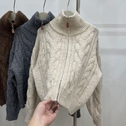 Damen Grobstrickpullover Hochkragen Dekorativer Reißverschluss