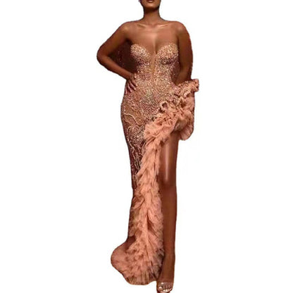 Damen Abendkleid Figurbetont Perlen Rüschendetails Eveloria