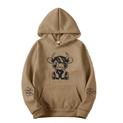 Damen Kapuzensweater Kuhmotiv Baumwolle Kängurutaschen Beige