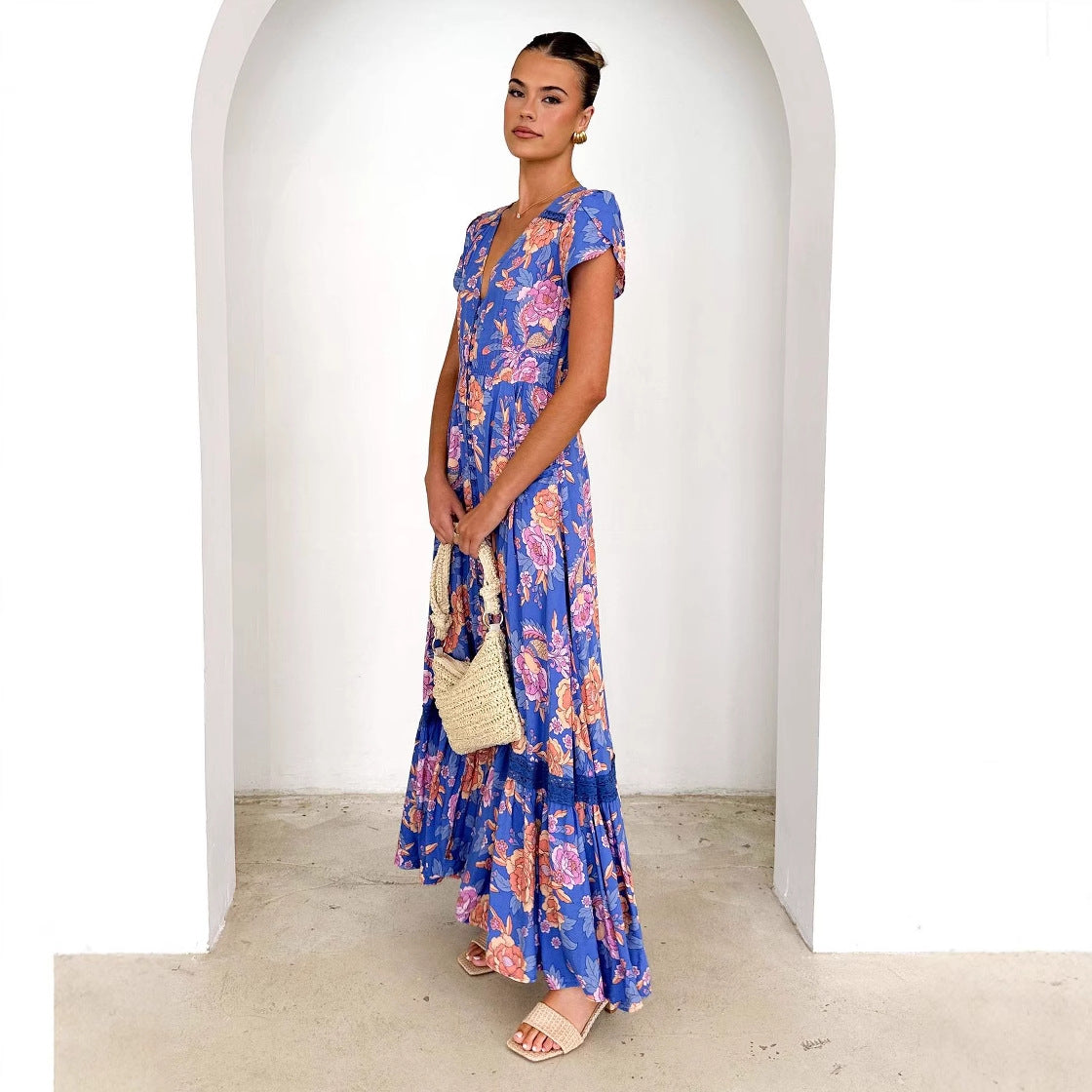 Damen Maxikleid Floralmuster V-Ausschnitt