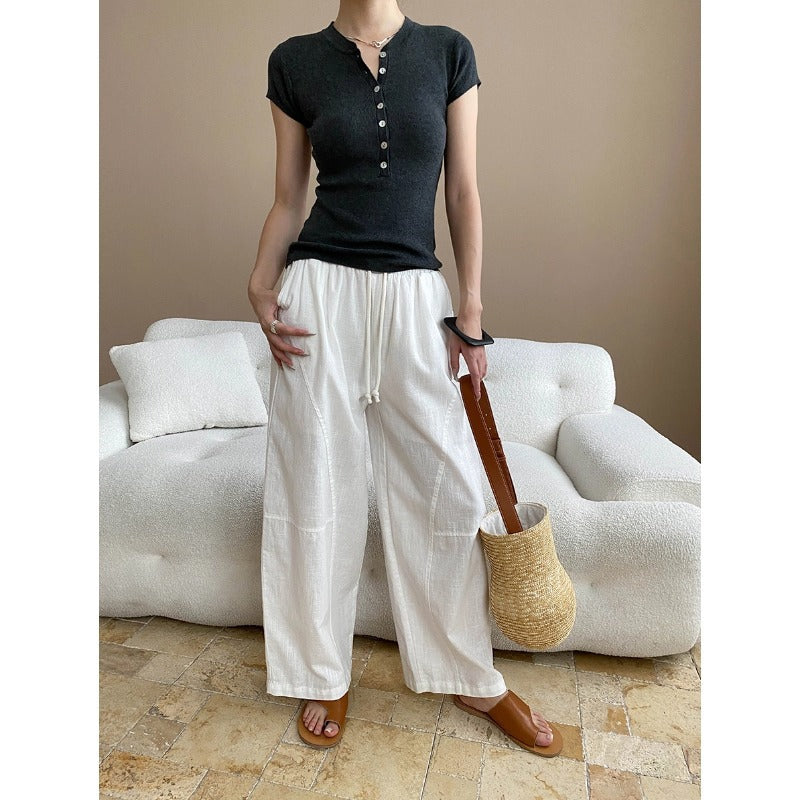 Damen Leinenhose Bequem Weit Schnitt Beige