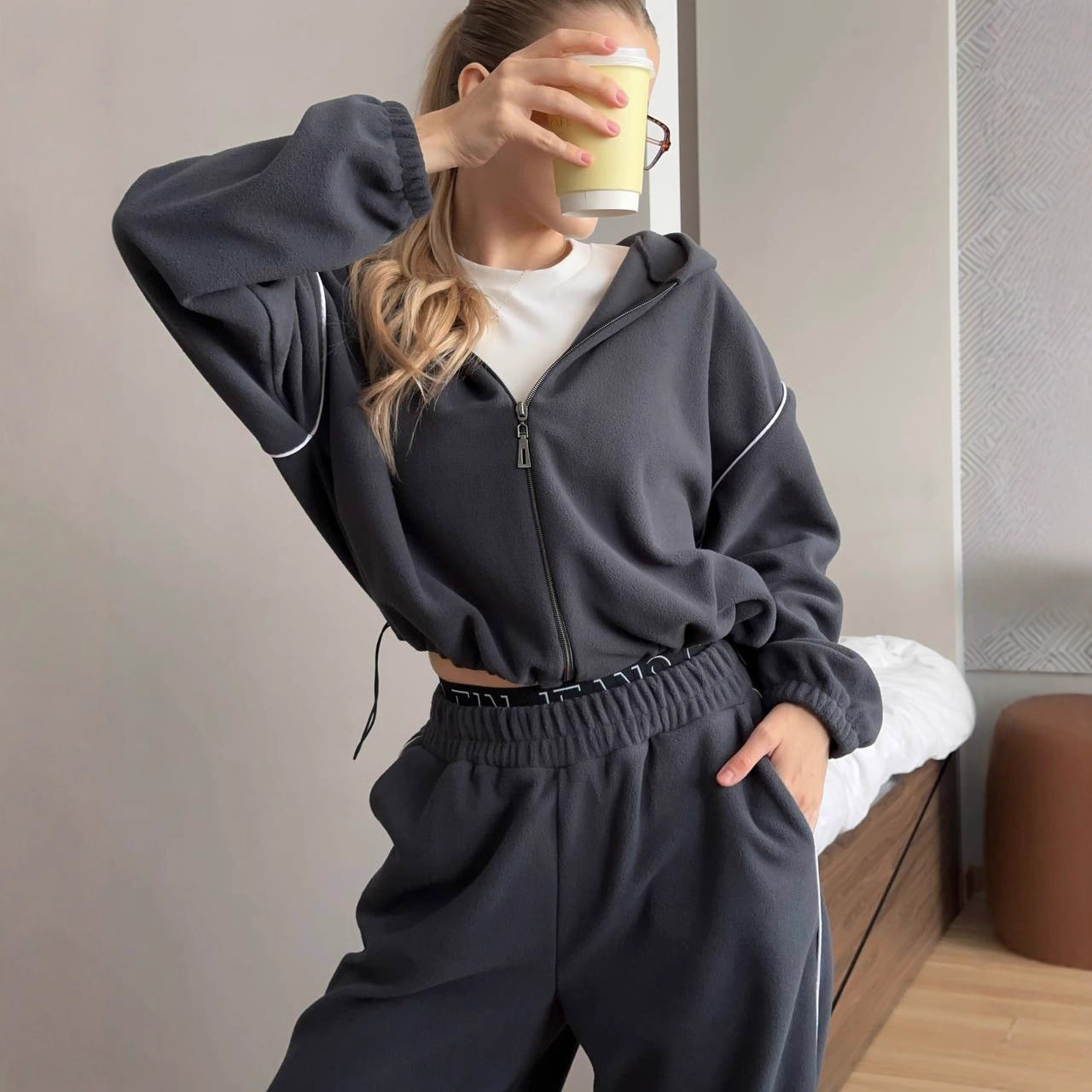 Damen Fleece-Set Kapuze Weite Passform Grau Eveloria - Eveloria