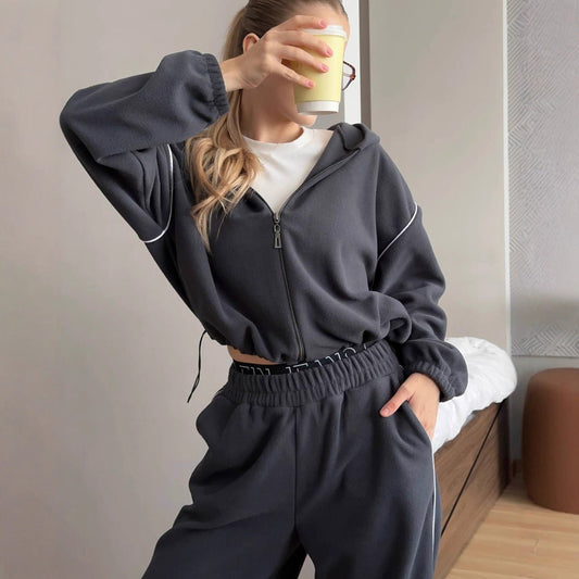 Damen Fleece-Set Kapuze Weite Passform Grau Eveloria - Eveloria