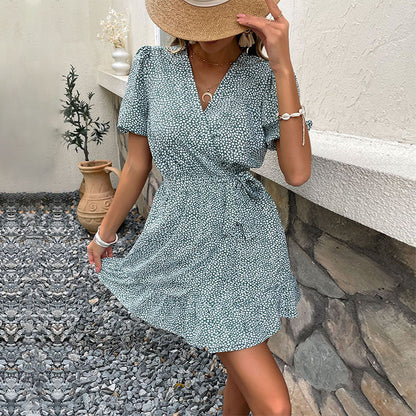 Damen Wickelkleid Blümchenmuster Elastischer Taillengürtel Kurze Ärmel