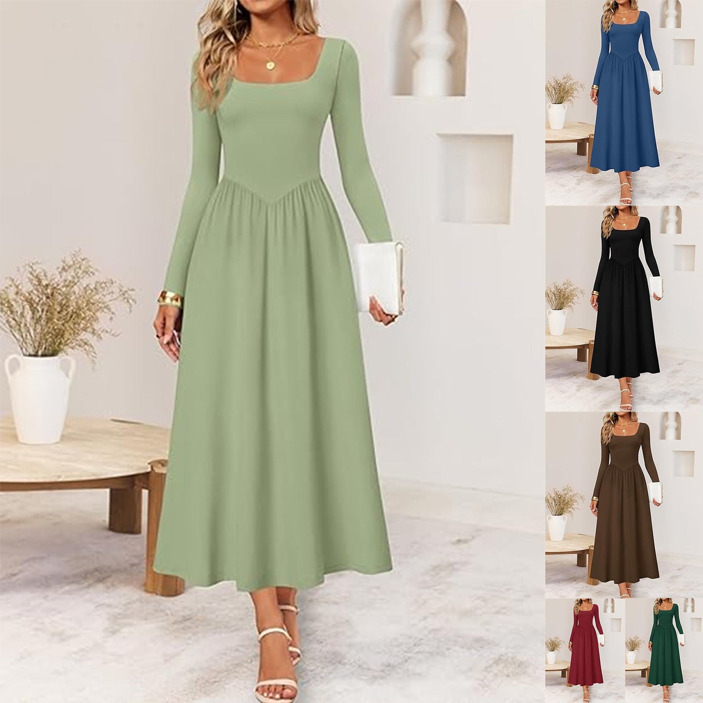 Damen Midi-Kleid mit Quadratausschnitt und langen Ärmeln Eveloria - Eveloria