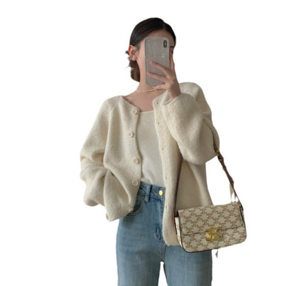 Damen Cardigan Weit Gemütlich mit Knöpfen Beige