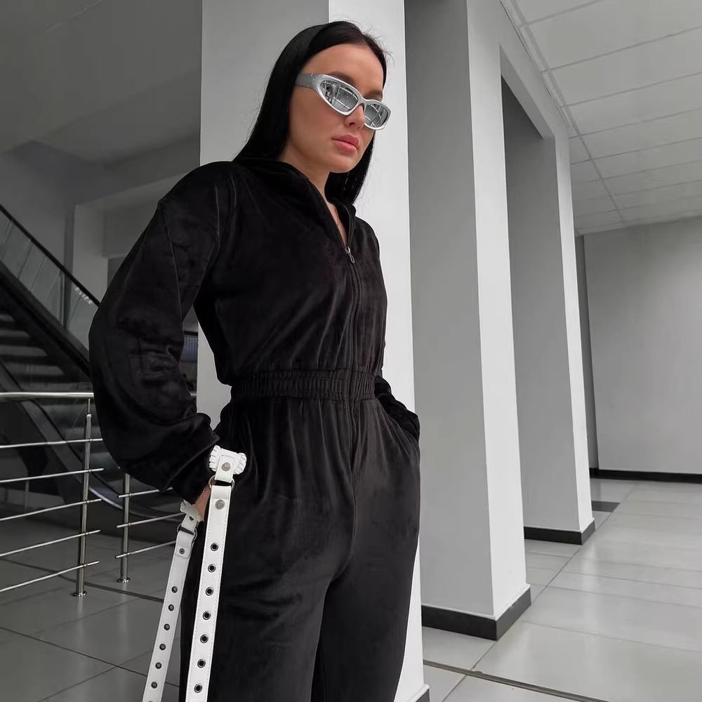 Damen Fleece-Overall Reißverschluss Kapuze Eveloria