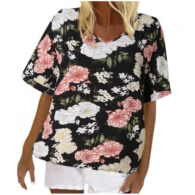 Damen T-Shirt Blumendesign V-Ausschnitt Locker Eveloria