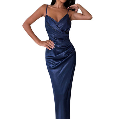 Damen Satin Maxikleid mit tiefem Schlitz und verstellbaren Trägern