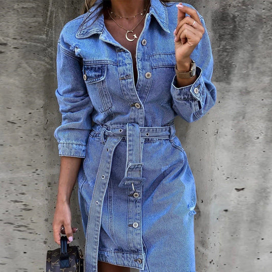 Damen Jeanskleid mit Gürtel und Knöpfen Tailliert Blau Eveloria - Eveloria