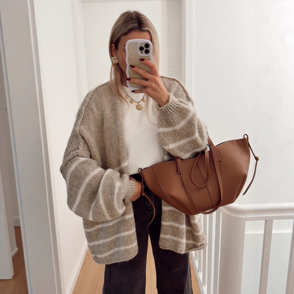 Damen Strickjacke Streifenmuster Weite Ärmel Beige
