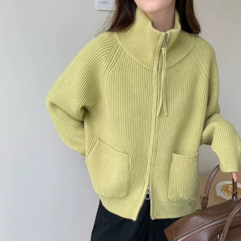 Damen Strickjacke Hochkragen Mit Taschen Eveloria