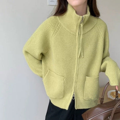 Damen Strickjacke Hochkragen Mit Taschen Eveloria