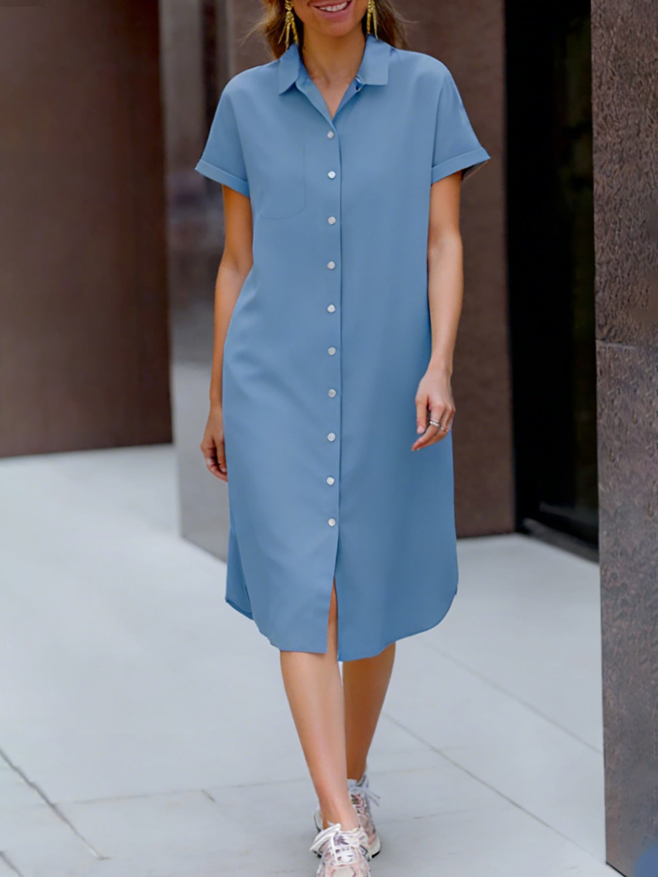 Damen Baumwollkleid mit Knöpfen und Taschen