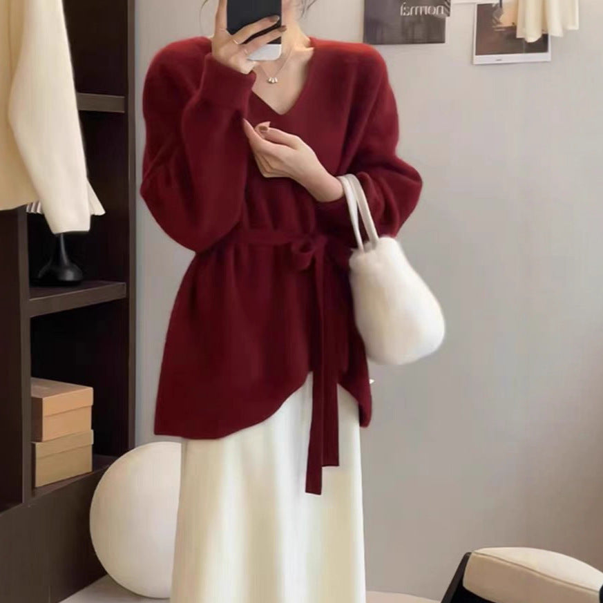 Damen Strickjacke V-Ausschnitt Taillengürtel Eveloria