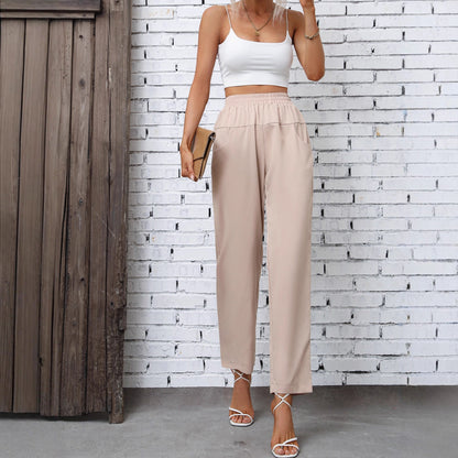 Damen Freizeithose Elastischer Bund Seitentaschen Beige Eveloria