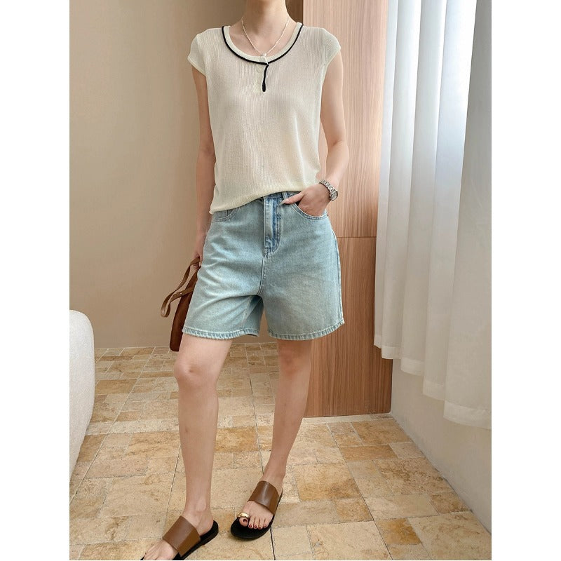 Damen Jeansshorts Hochbund Entspannter Schnitt Blau Eveloria