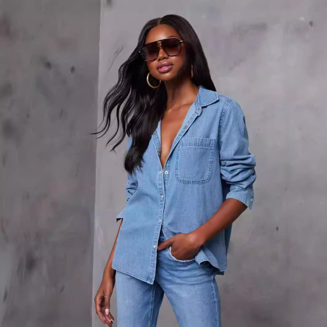 Damen Jeanshemd mit Brusttasche und modischen Akzenten Blau Eveloria