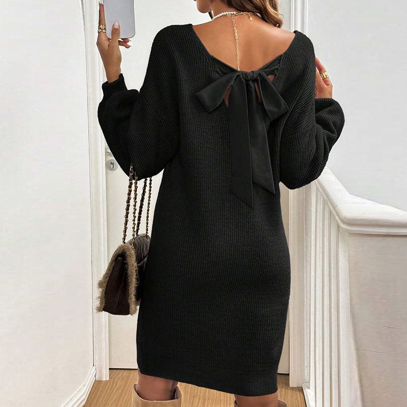 Damen Strickkleid Rückenausschnitt Schleife Eveloria