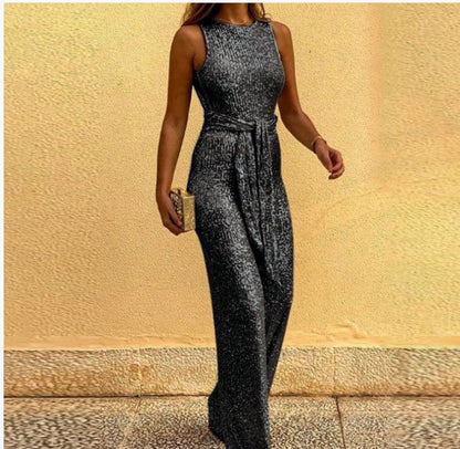 Damen Maxikleid Glänzende Pailletten Elegante Taillenbindung