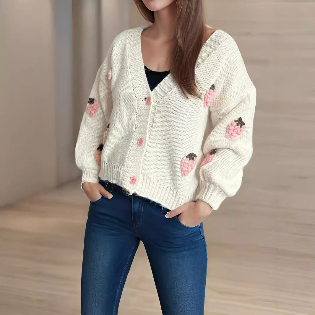 Damen Strickjacke Erdbeermotiv Große Knöpfe