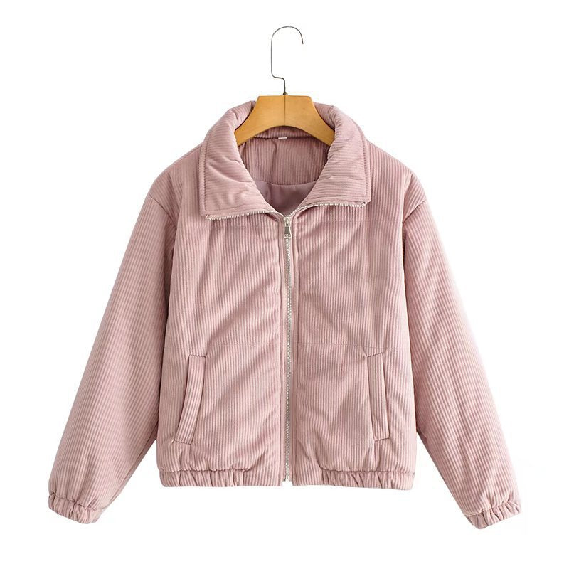 Damen Cordjacke Hochkragen Elastisch Braun