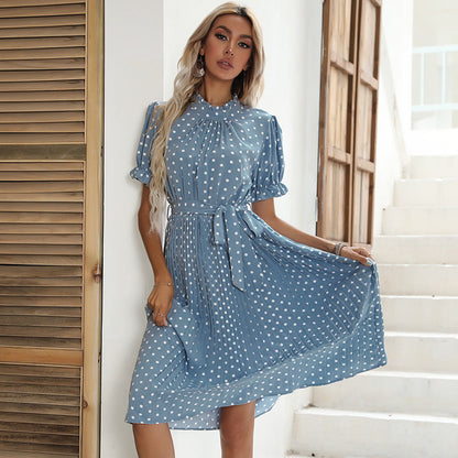 Damen Midikleid Sommerlich Puffärmel Taillengürtel Eveloria