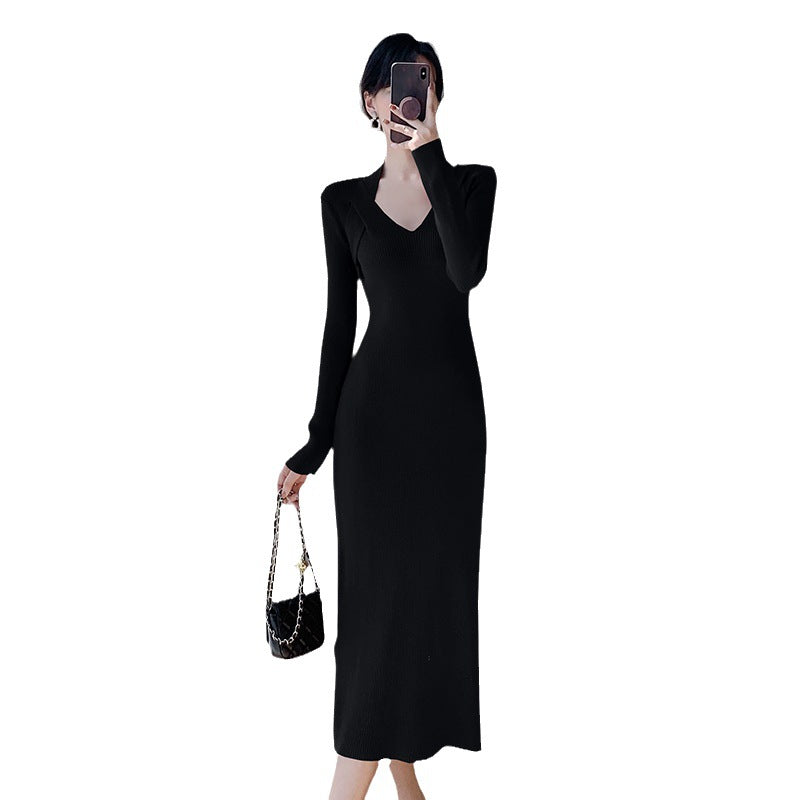 Damen Strickkleid V-Ausschnitt Seitenschlitze Eveloria