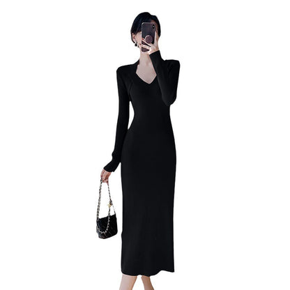Damen Strickkleid V-Ausschnitt Seitenschlitze Eveloria