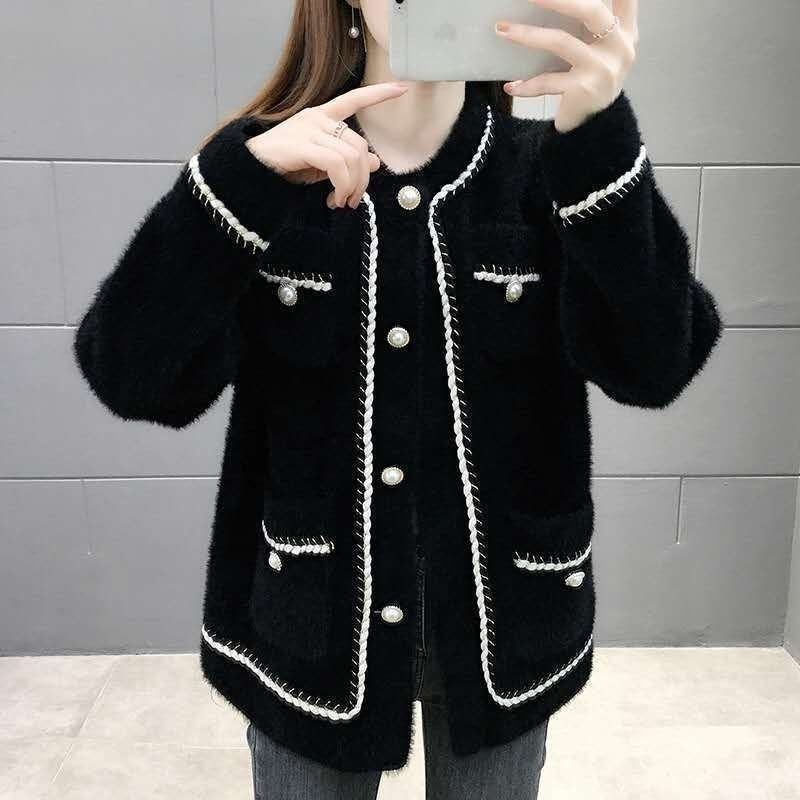 Damen Strickjacke Baumwollmix Glänzende Perlenknöpfe
