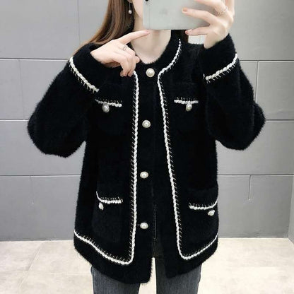 Damen Strickjacke Baumwollmix Glänzende Perlenknöpfe