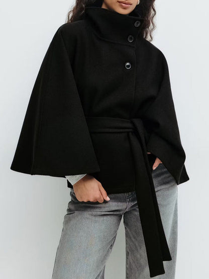 Damen Umhangjacke Hochkragen Gürtel Eveloria
