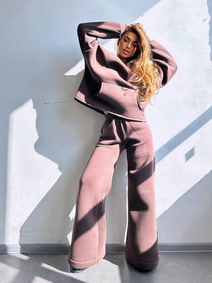 Damen Kapuzenpullover Set mit weiter Hose aus Baumwolle