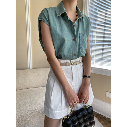 Damen Bluse Kurzarm Klassischer Hemdkragen Weiß